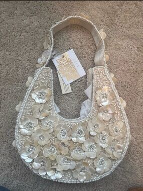 Embellished Ivory Floral Beaded Shoulder Bag